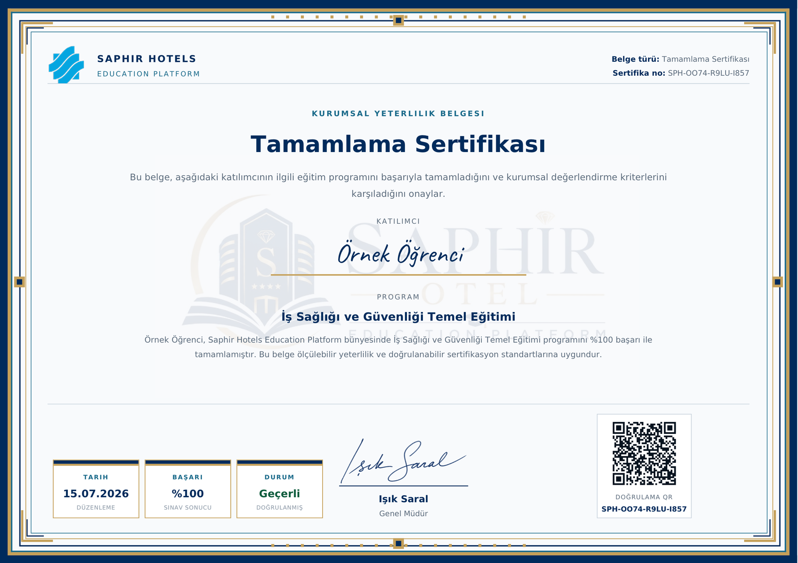 Örnek Saphir Hotels Education Platform sertifikası